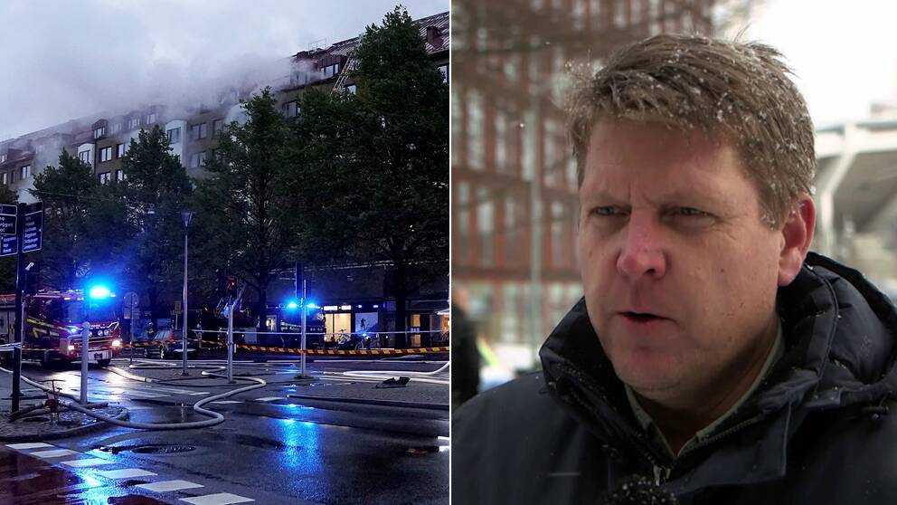 Till vänster en arkivbild från explosionen, till höger Kriminalinspektör Anders Jonasson.