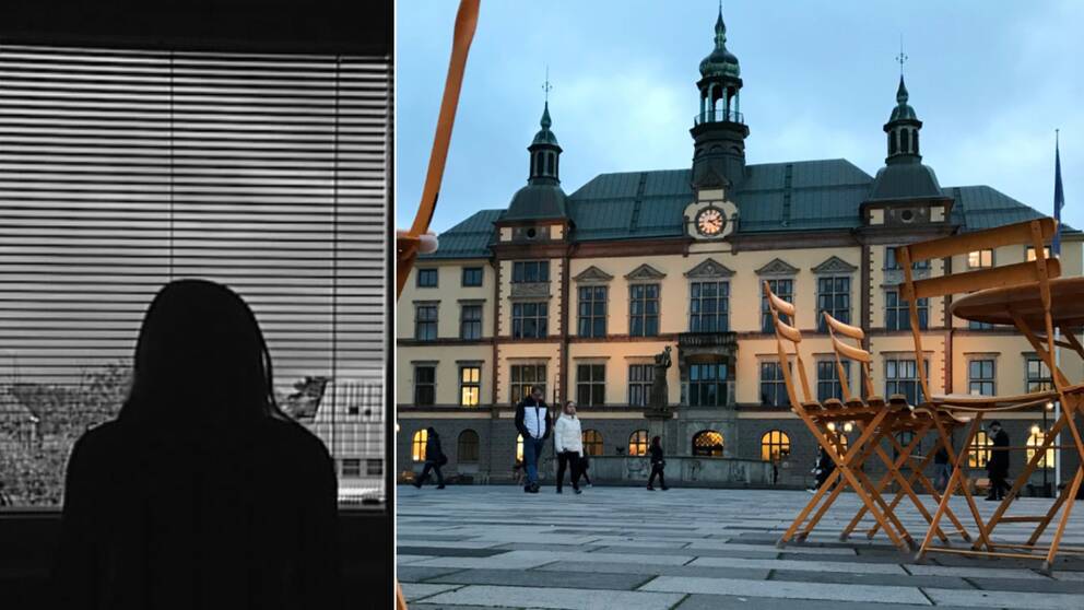 Bilden är delad i två. Den vänstra bilden är en svart vit bild på en silhuett som tittar ut genom ett fönster med en neddragen persienn. Den högra bilden är en bild på stadshuset i Eskilstuna.