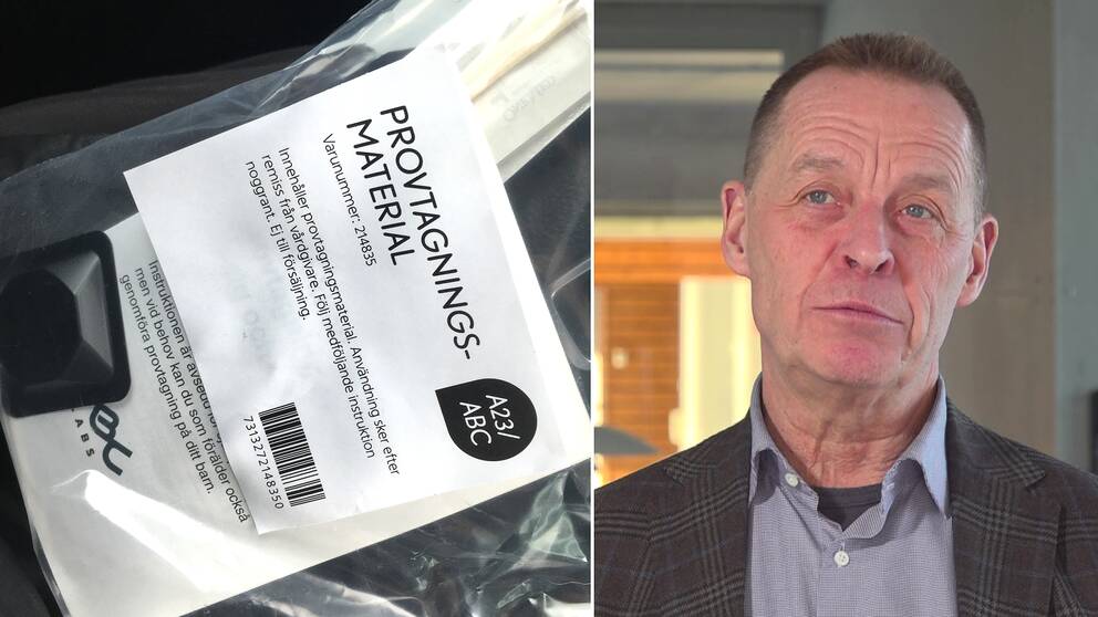 Delad bild. Till vänster provtagningskit för PCR-test. Till höger man med kort hår, blå ögon och rutig kavaj.