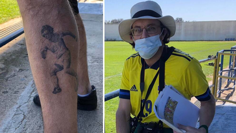 Belgiska supportern Kevin van Hooydonck på plats på Sveriges träning i Algarve.