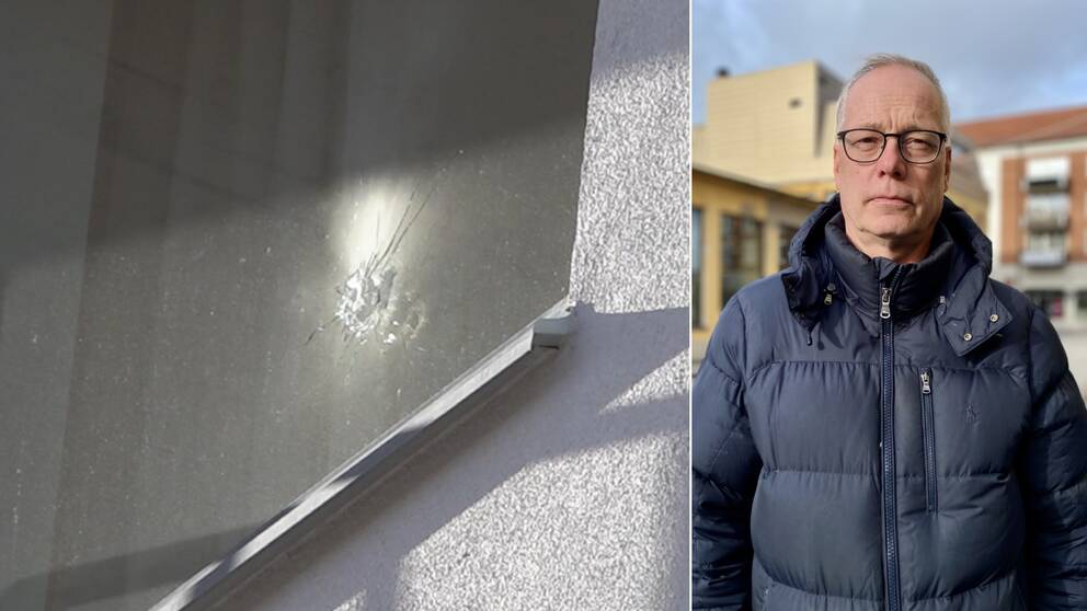 Bild på skotthål i fönster och bild på polis.