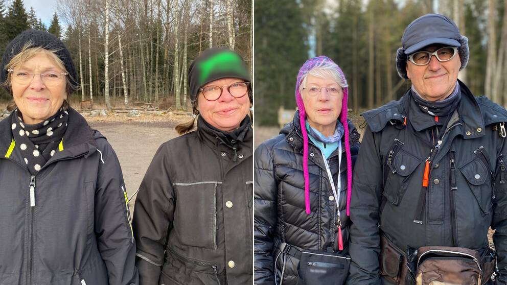 Bilden är delad i två. Den vänstra bilden är en bild på två kvinnor i naturreservatet Janstorpsskogen i Nyköping. Den högra bilden är en bild på makarna Storm, Sonja och Lennart, i samma naturreservat.