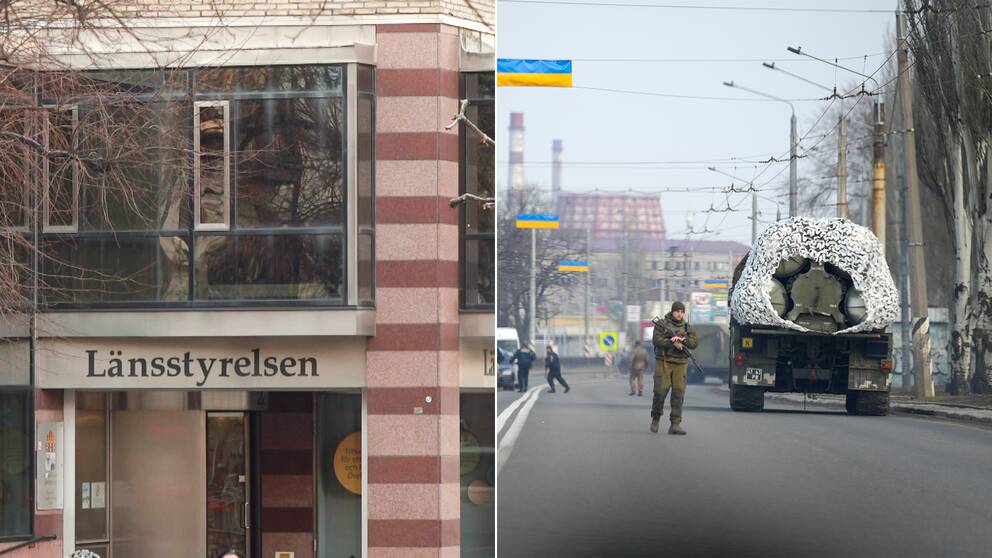 Länsstyrelsen i Örebro läns fasad till vänster, till höger en bild från Ukraina.