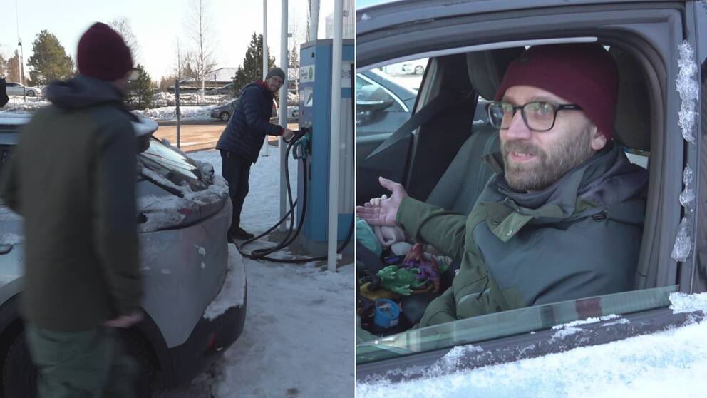Kollage, till vänster bild på man som laddar elbil, till höger bild på Erik Green som sitter i sin bil där han intervjuas.