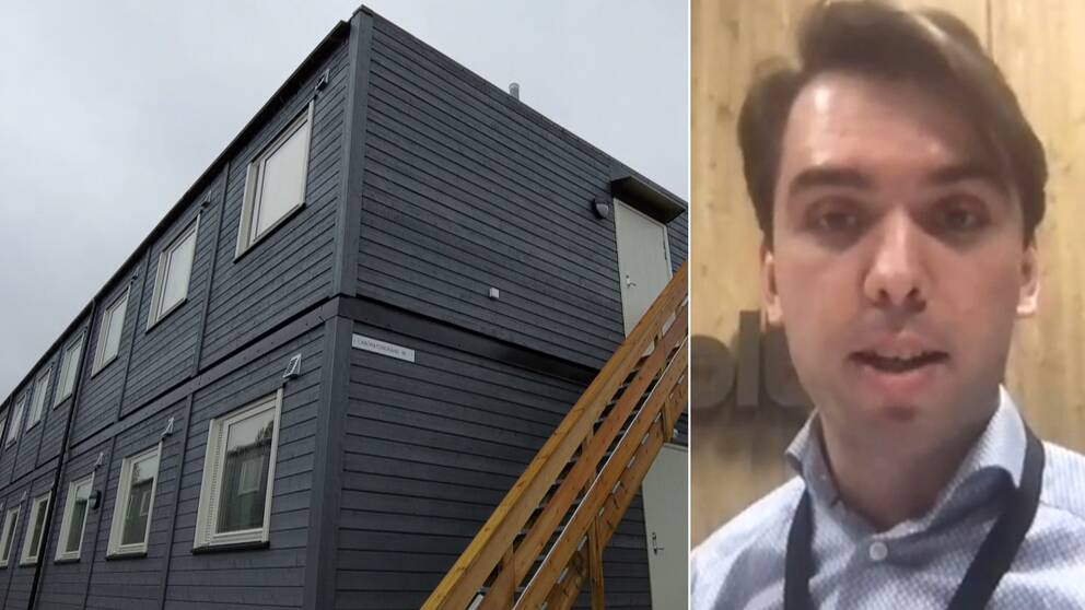 en barackbostad till vänster i bild och till höger bild på en mans ansikte framför Northvoltvägg.
