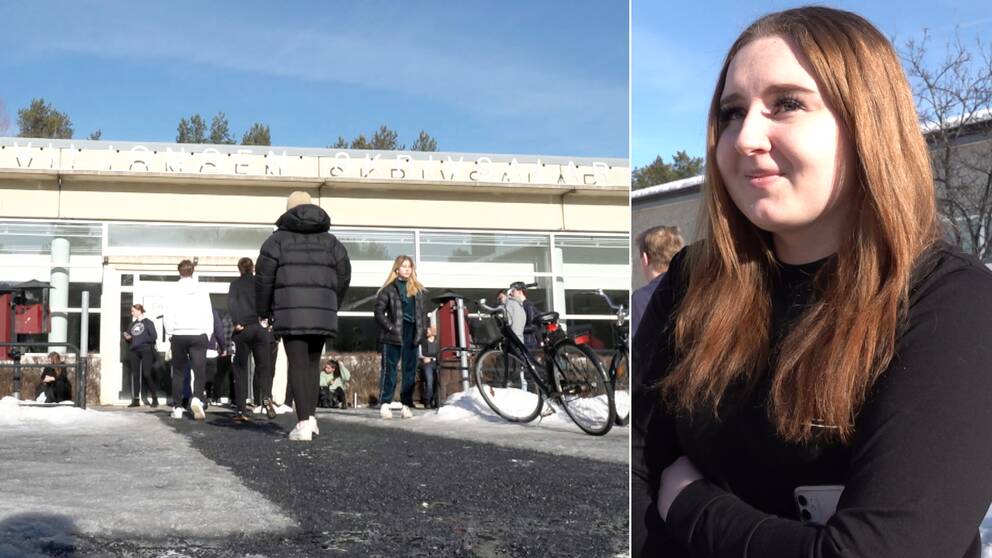Personer går in mot byggnad, som är östra paviljongen i Umeå +  tjej som blir intervjuad.