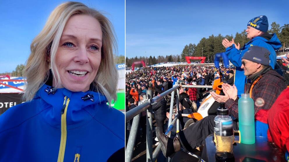 Tvådelad bild. Till vänster en bild på en kvinna med blont hår. Till höger är det bild på publik.