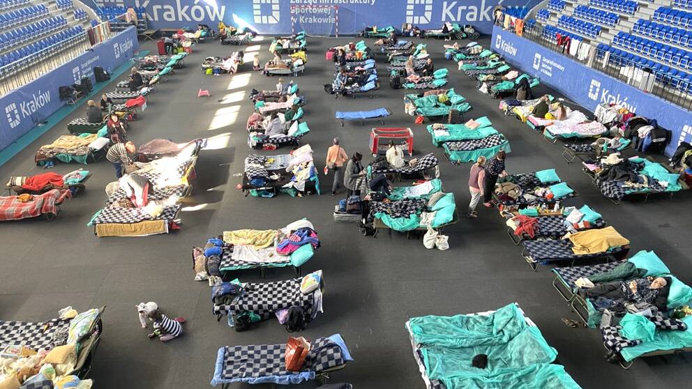 Ukrainska flyktingar samlade i en sporthall, i hallen står tältsängar rad på rad med flyktingarnas saker runt.
