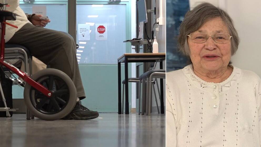 Bilden är delad i två. Den vänstra bilden är en bild på benen på en person som sitter i ett väntrum på vårdcentralen. Bredvid benen syns framdäcken på en röd rullator. Den högra bilden är en porträttbild på Eskilstunabon Connie Andersson. 
