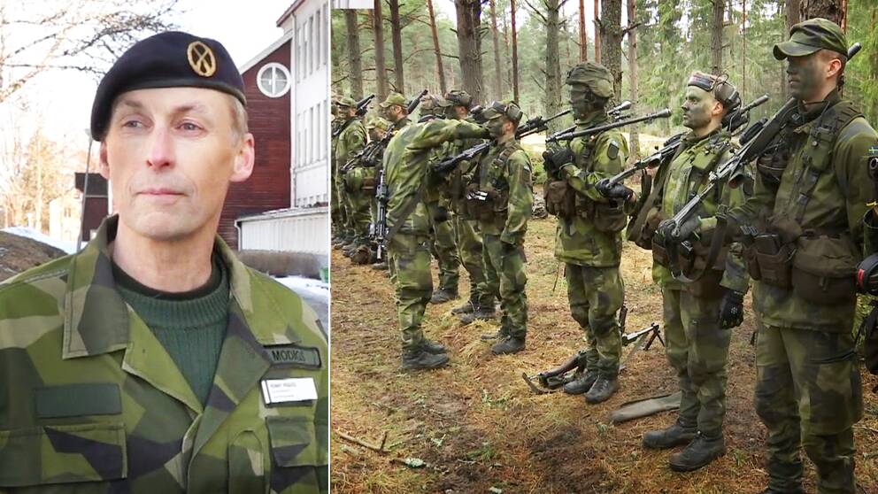 Delad bild – en bild på regementschefen Ronny Modig samt en bild på värnpliktiga på led i skogen