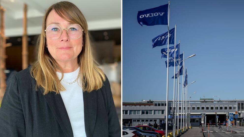 Tvådelad bild: Hanna Fager, global personalchef på Volvo cars och Volvoflaggor utanför en fabrik.