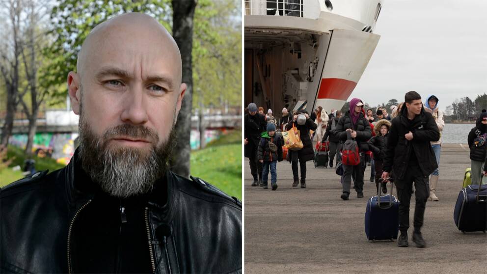 En bild på en man och en bild på flyktingar vid en färja