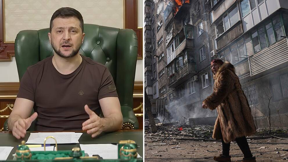 Ukrainas president Volydmyr Zelenskyj Ryssland sitter vid sitt skrivbord, bilden är från hans tal under natten till söndag. Till höger i bild: En kvinna vid ett hus i Maripuol som attackerats, 13 mars 2022.