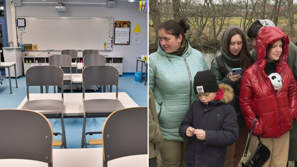 Ett klassrum utan elever. Stolar står på bänkar, delad bild med fyra kvinnor och ett barn i vinterkläder som har kommit till Grästorp i Skaraborg.
