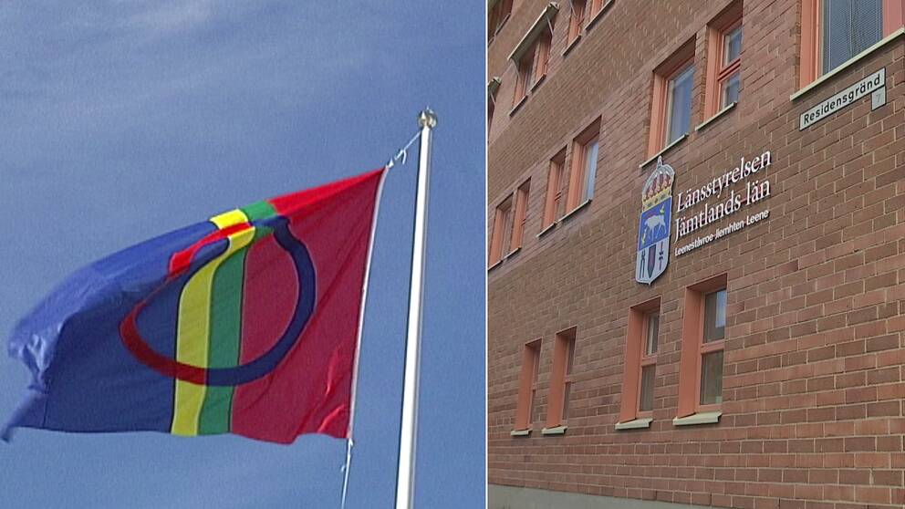 En bild på en samisk flagga och en bild på Länsstyrelsen i Jämtlands läns lokaler