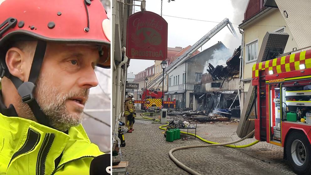 Räddningschef, totalförstörd byggnad i centrala Ulricehamn efter brand.