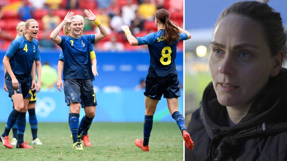 Lisa Dahlkvist och Lotta Schelin firar ett mål i OS.