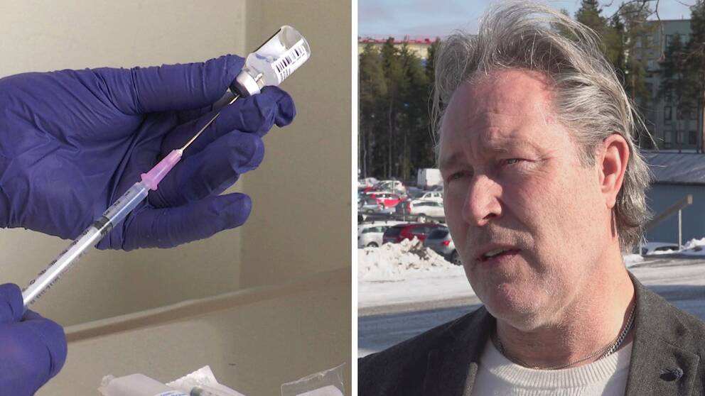 En hand med gummihandske på, som fyller på en vaccinspruta + en man som intervjuas.