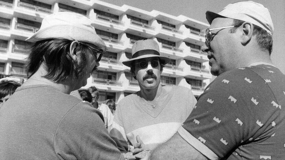 Från inspelningen av Sällskapsresan i San Agustin på Gran Canaria 1980. F.v. Sven Melander, Lasse Åberg och Weiron Holmberg.