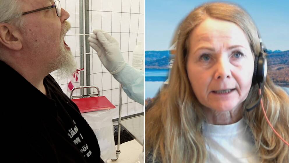 En delad bild, med en person som har en tops i munne och en bild på en kvinna med hörlurar och rött hår.