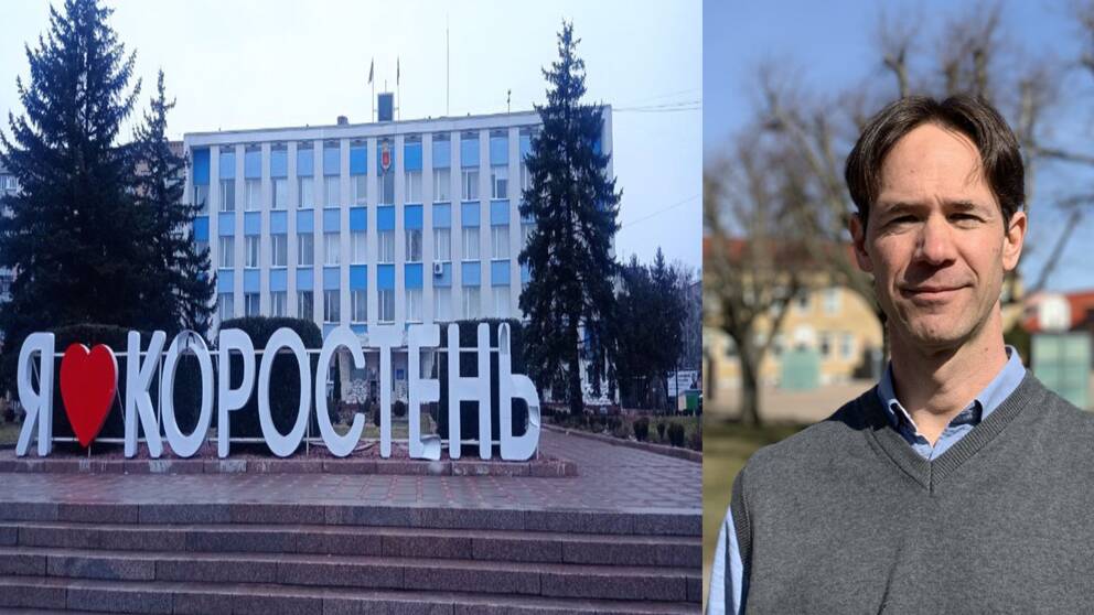 Socialchefen Björn Franke i Essunga kommun och fasaden av det ukrainska barnhemmet i Korosten.