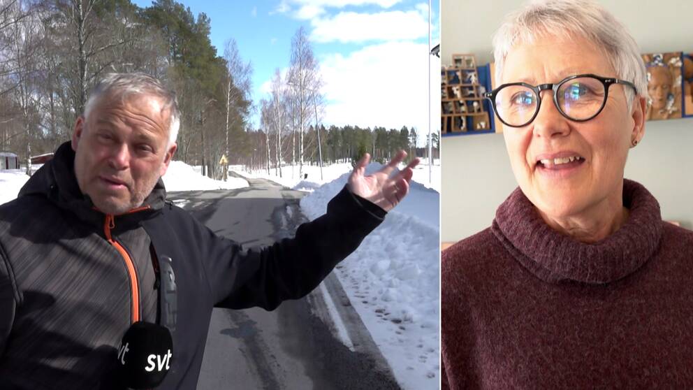 SVT:s reporter Berno Jonsson pekar med hela handen för att visa vad som erbjuds i Robersfors kommun, till höger äldre- och handikappomsorgschef Ewy Andersson i svartbågade glasögon och ljust hår