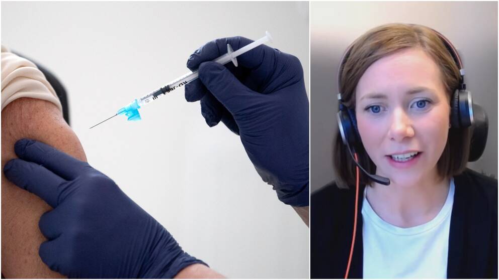 Tvådelad bild. En nål nål med vaccin riktad mot en arm. Porträtt kvinna med hörlurar på sig.