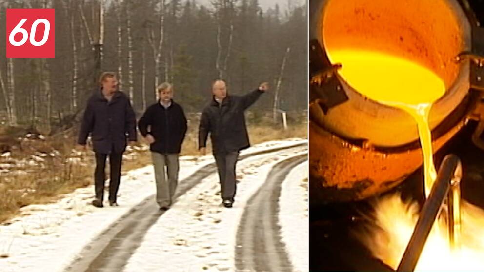 Tre personer går på en snöig väg i Fäbodliden. Bägare med smält guld hälls i en form.