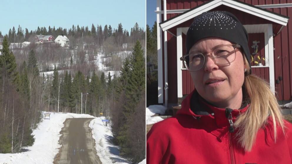 Till vänster syns en väg som leder till byn Fäbodliden som syns på en höjd. Till höger står Maria Staaf och blir intervjuad i en röd jacka och svar mössa med glittrigt mönster på. Hon bär ett par beiga glasögon.