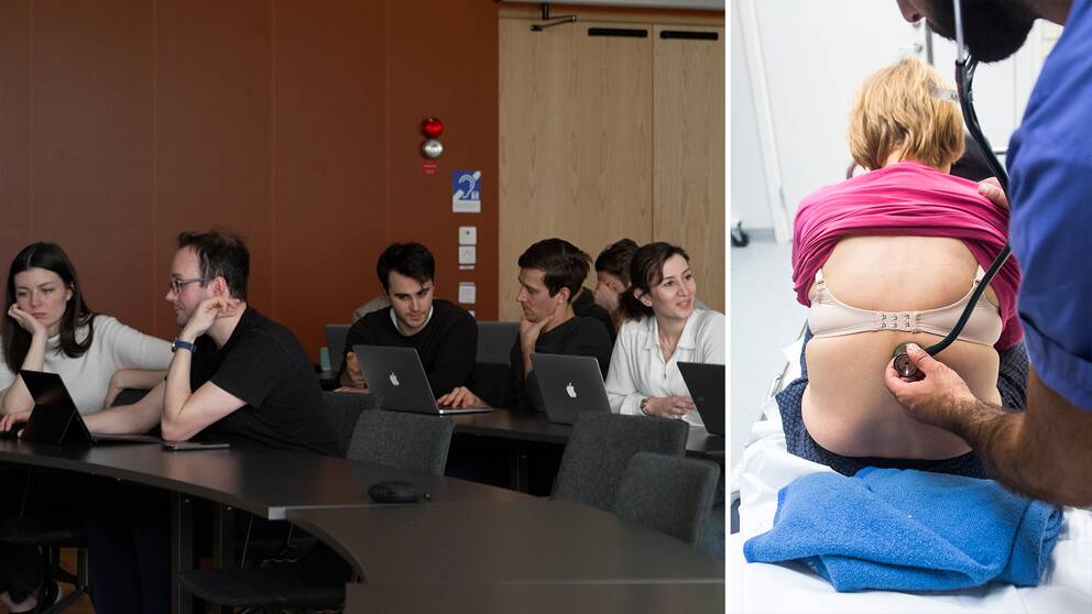 Bild på studenter och bild på manlig läkare undersöker patient med stetoskop.