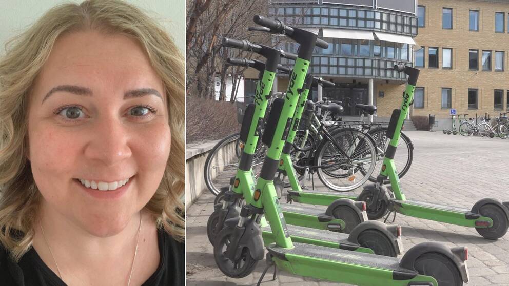 I vänster kant syns polisen Stina Lidström och på högersida syns flera gröna elsparkcyklar av märket Ryde.