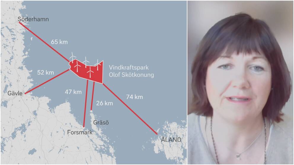 Tvådelad bild. Karta över Östersjön utanför Gävle. Porträtt på kvinna med mörkt kortklippt hår.