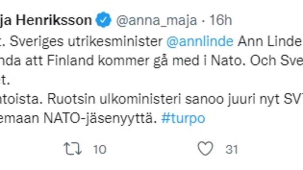 Finlands justitieministers Twitter-inlägg om Ann Lindes påstående.