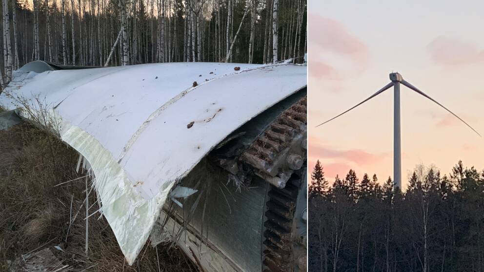 Rotorbladet som ligger på marken och distansbild på vindkraftverket i Tranås, som nu bara har två rotorblad kvar.