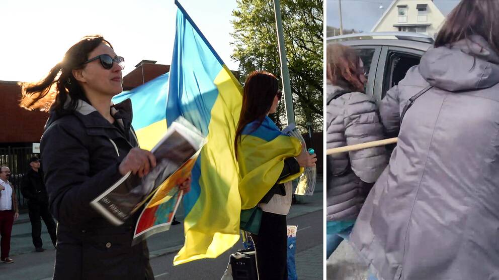 Till vänster två kvinnor med affischer och en ukrainsk flagga. Till höger Nataliya Persson Harris och hennes mamma som försöker dra ut något ur en bil.