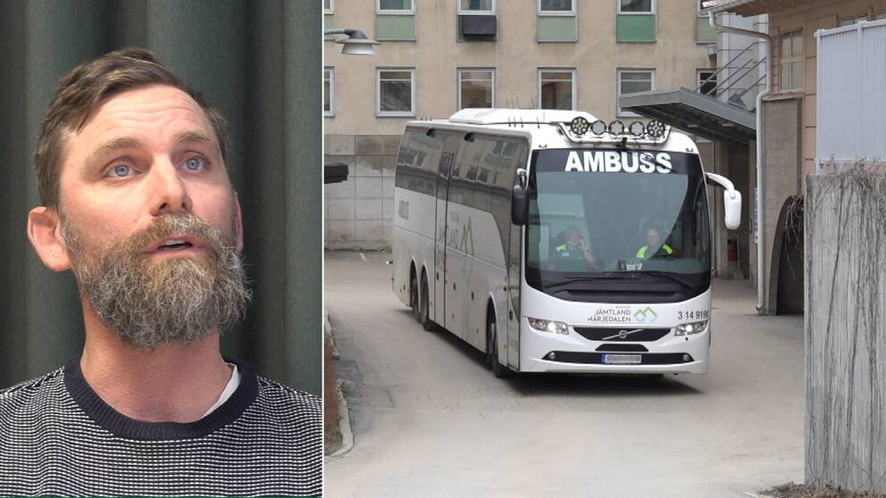 Till vänster syns Martin Rosén, utvecklingsstrateg i Jämtland-Härjedalens Regionstab, till vänster syns Ambuss som kör ifrån Norrlands universitetssjukhus i Umeå.