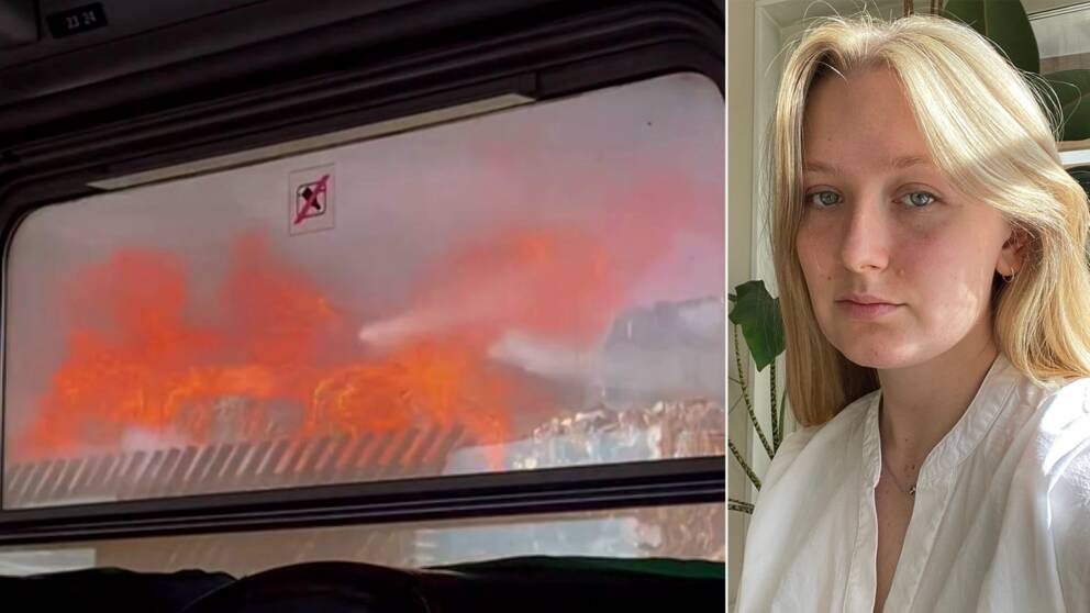 Brand filmad innifrån tåg, delad bild med tjej i vit blus