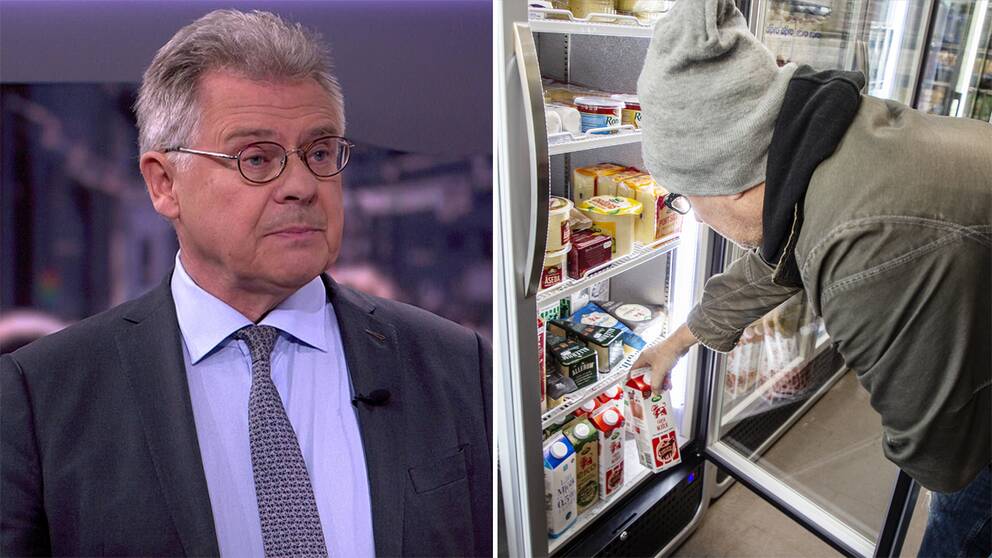 T.V. Klas Eklund, nationalekonom. T.H. Man som plockar röd mjölk ur en kyl i en butik.