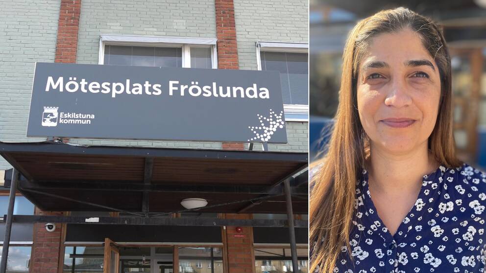 Porträttbild på Annelie Benli, vägledare på Jobbcentrum i Eskilstuna. Hon står framför Mötesplatsen i Fröslunda.