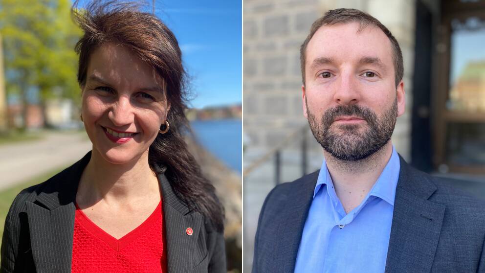 Bilden är delad i två. Det är porträttbilder på Maria Chergui, gruppledare för Vänsterpartiet i Eskilstuna, och Kim Fredriksson gruppledare för Sverigedemokraterna i Eskilstuna. Den vänstra är på Maria och den högra på Kim.