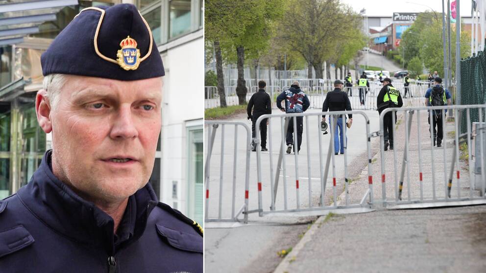 Till höger polisen Lars Wirén, till vänster en bild bakifrån på Rasmus Paludan tagen på långt håll. 