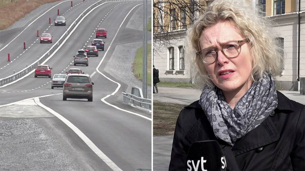 Två bilder. Den ena är bilar på en väg, den andra är en kvinna i lockigt hår och glasögon.