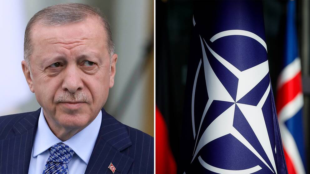 Turkiets president Recep Tayyip Erdogan / Militäralliansen Natos flagga.