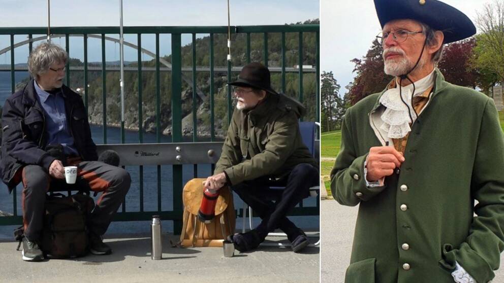 Pontus och Ola sitter på Svinesundsbron med kaffetermos.