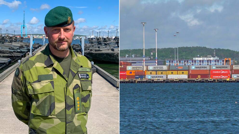 En man i militäruniform står framför några militärbåtar, delad bild med containrar i en hamn.