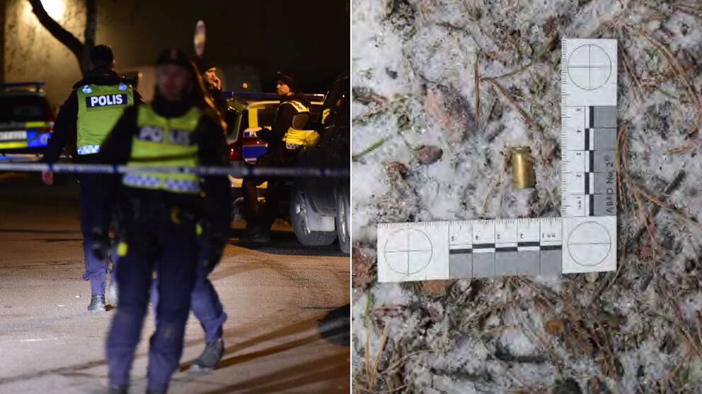 Bilden är delad i två. Den vänstra bilden är en bild på ett par poliser vid ett avspärrningsband. Den högra är en tomhylsa som hittats på en brottsplats.