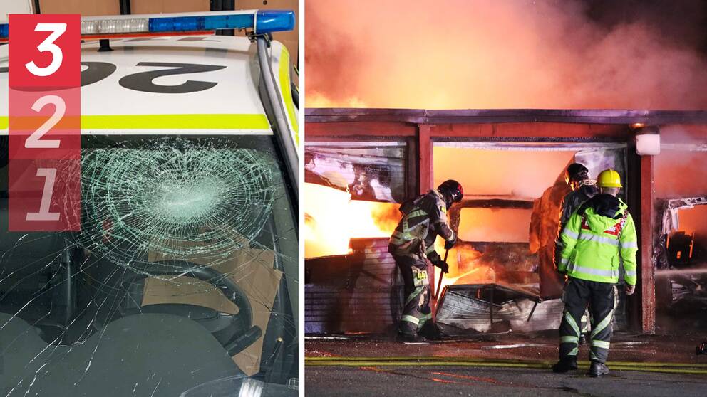 krossad ruta på polisbil, samt brandmän som släcker garagelänga
