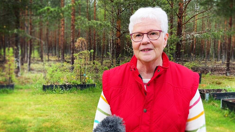 En äldre kvinna står i bild. Skogen är i bakgrunden. Hon har vitt hår och bär en röd väst.