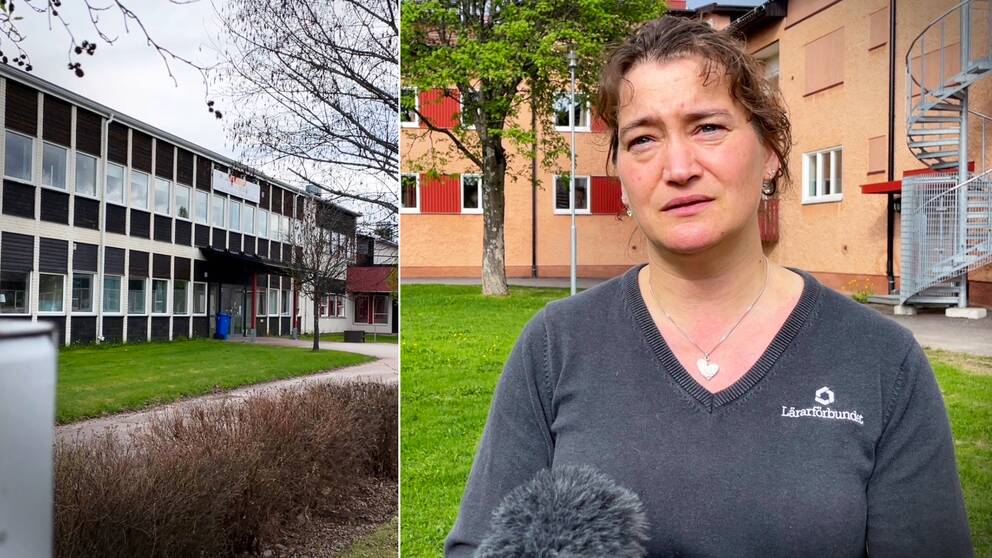 Delad bild – till vänster en exteriör på Centralskolan i Malung. TIll höger en bild på en mörkhårig kvinna från lärarförbundet, Jenny.