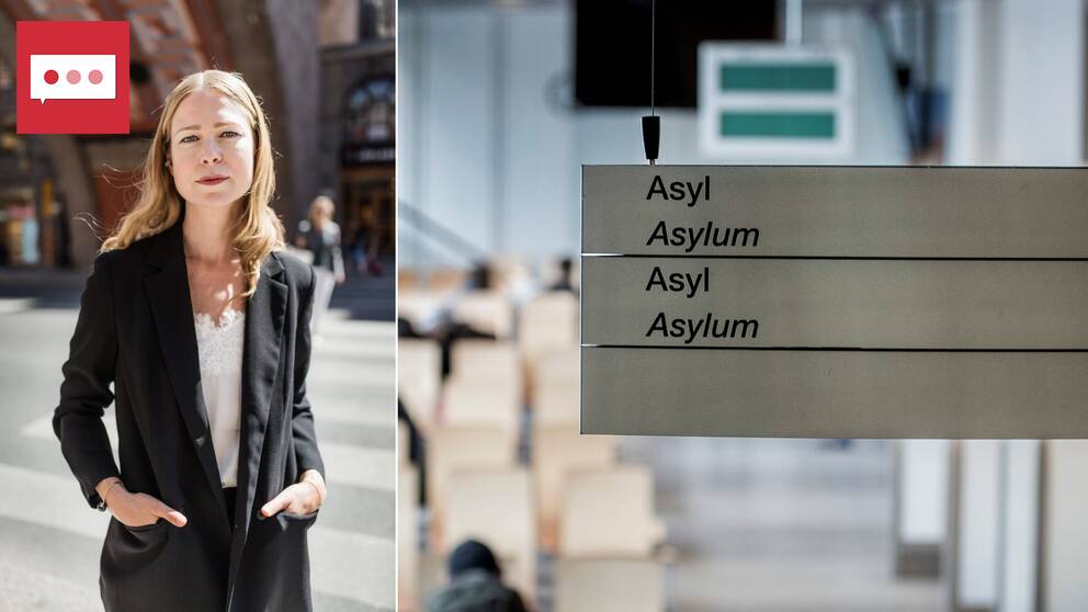 Två delad bild, Karin Gyllenring och en skylt där det står Asyl, personer sittandes på bänkar i bakgrunden